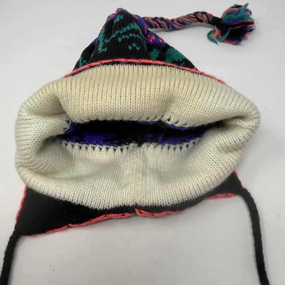 Hood Hats 100% Wool Peruvian Beanie Reindeer Fair Isle Earflap Hat Purple Size S